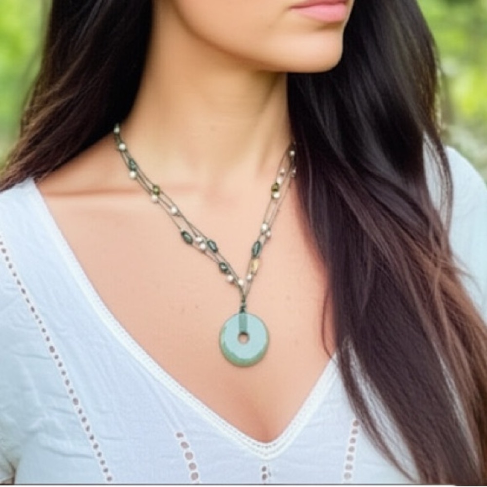 Bohemian Style Earth Tone‎ Green Aqua Terra Natural Stone Long Length Necklace